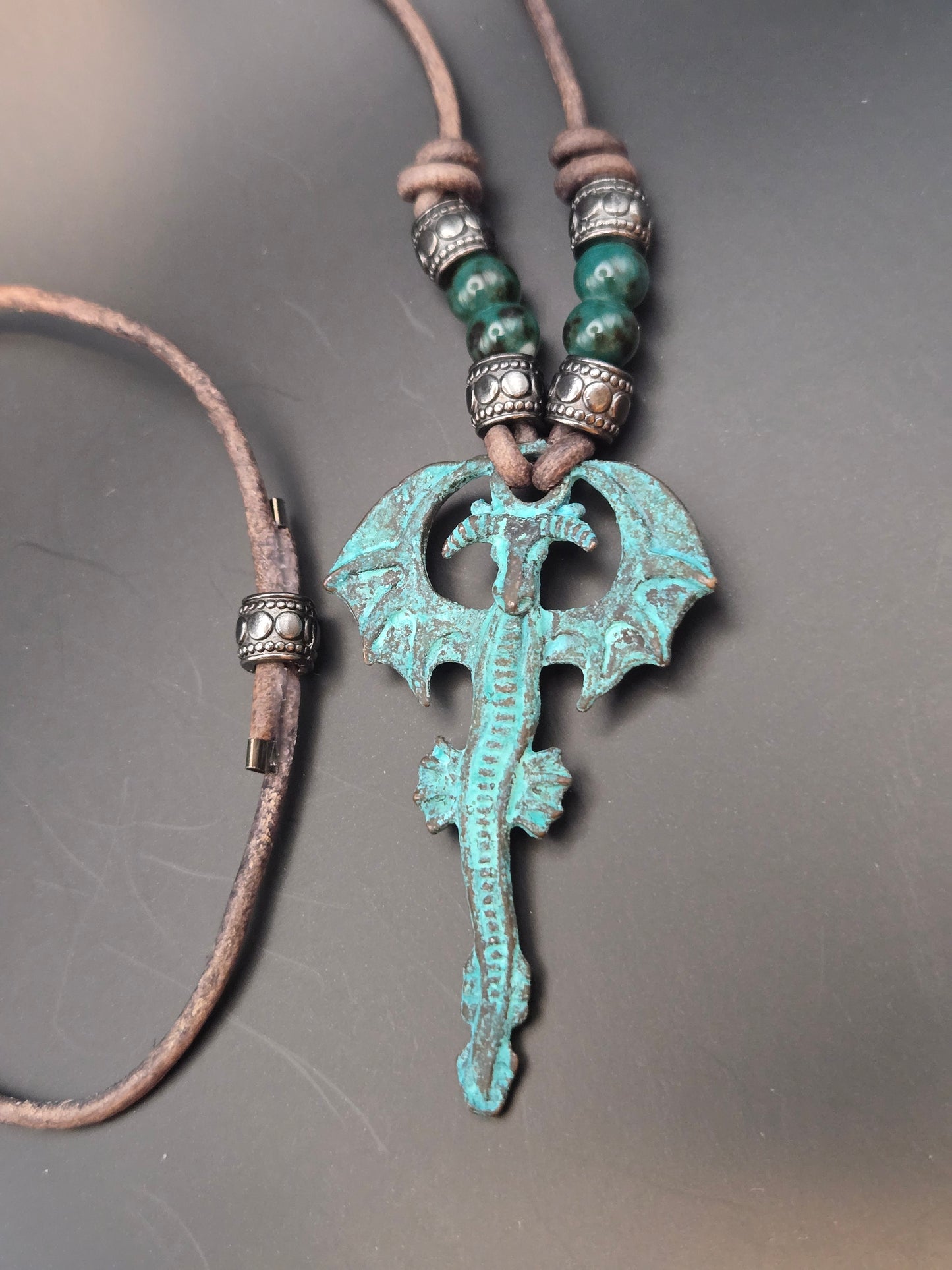 Mykonos Copper Patina dragon leather pendant
