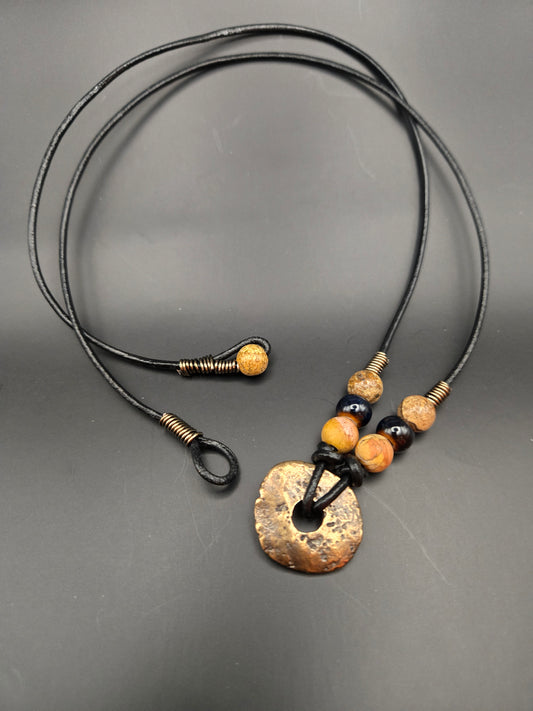 Antique brass disk leather pendant
