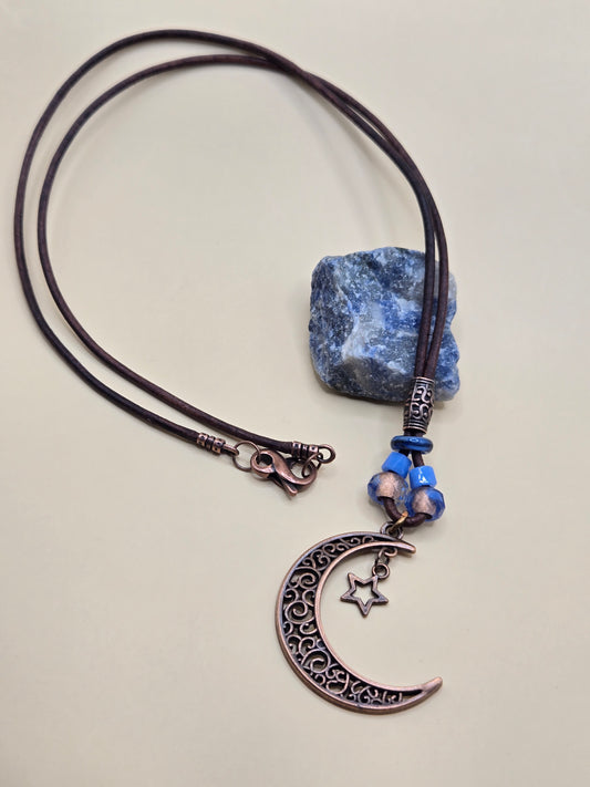 Copper moon crescent leather pendant