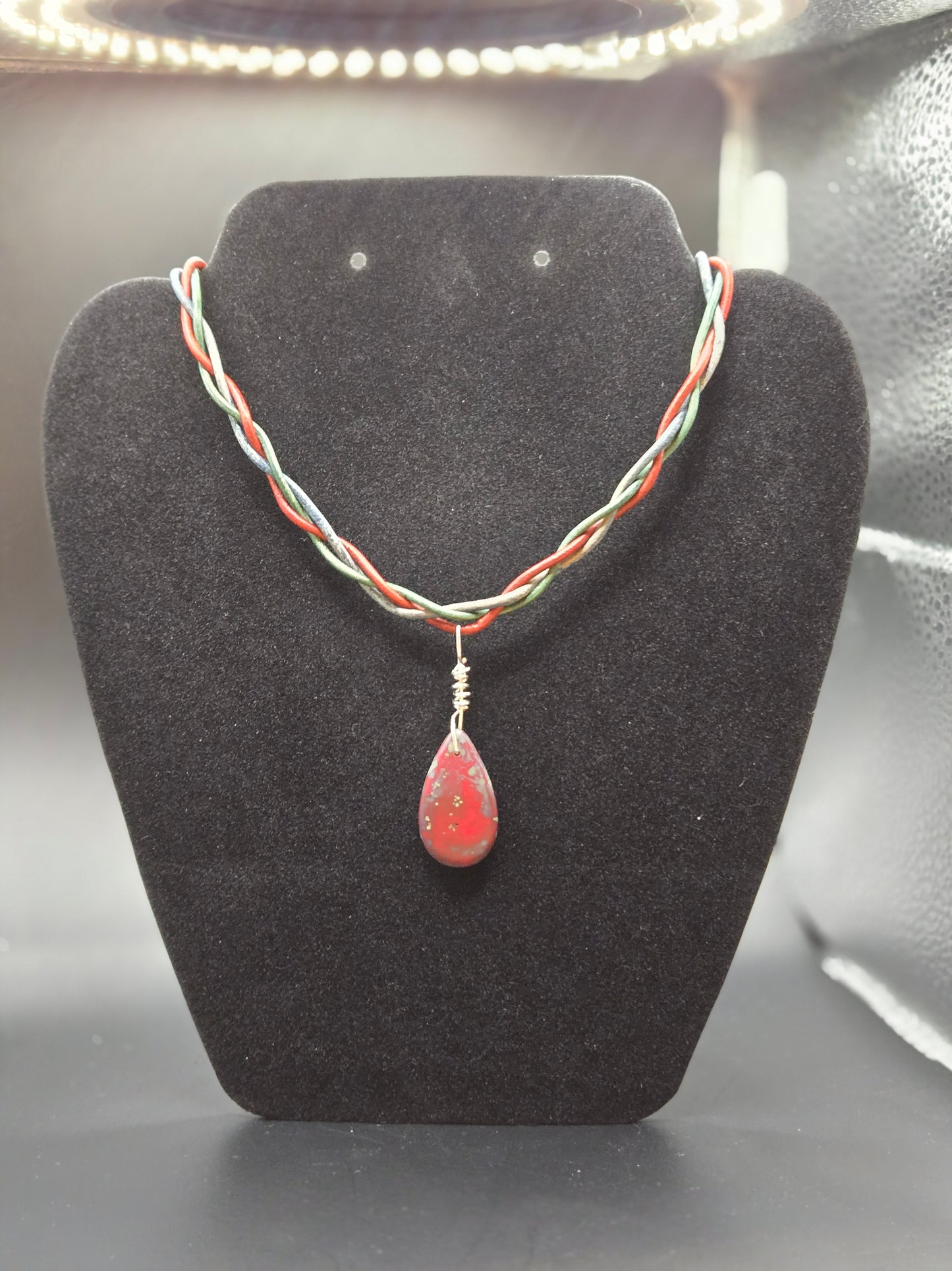 Czech glass Red Picasso teardrop focal leather pendant