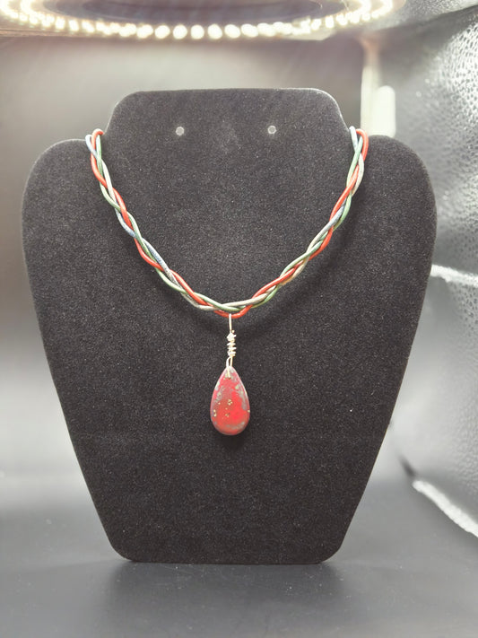 Czech glass Red Picasso teardrop focal leather pendant