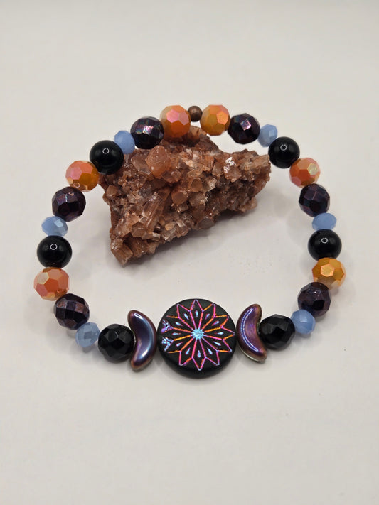 Glass flower coin bead stretch bracelet