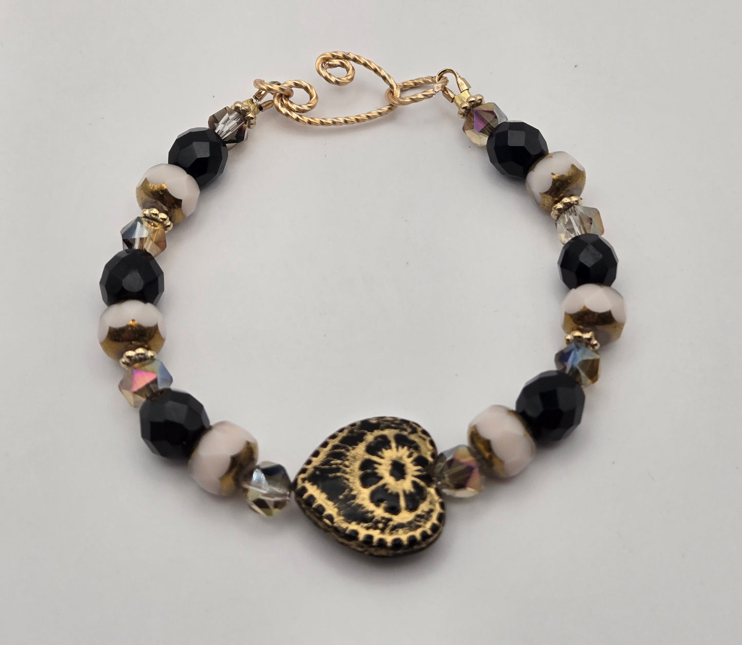 Black Czech glass heart satin wire bracelet