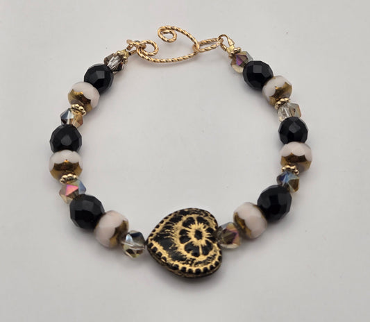 Black Czech glass heart satin wire bracelet
