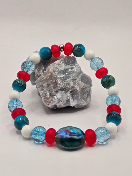 Turquoise oval glass swirled bead stretch bracelet