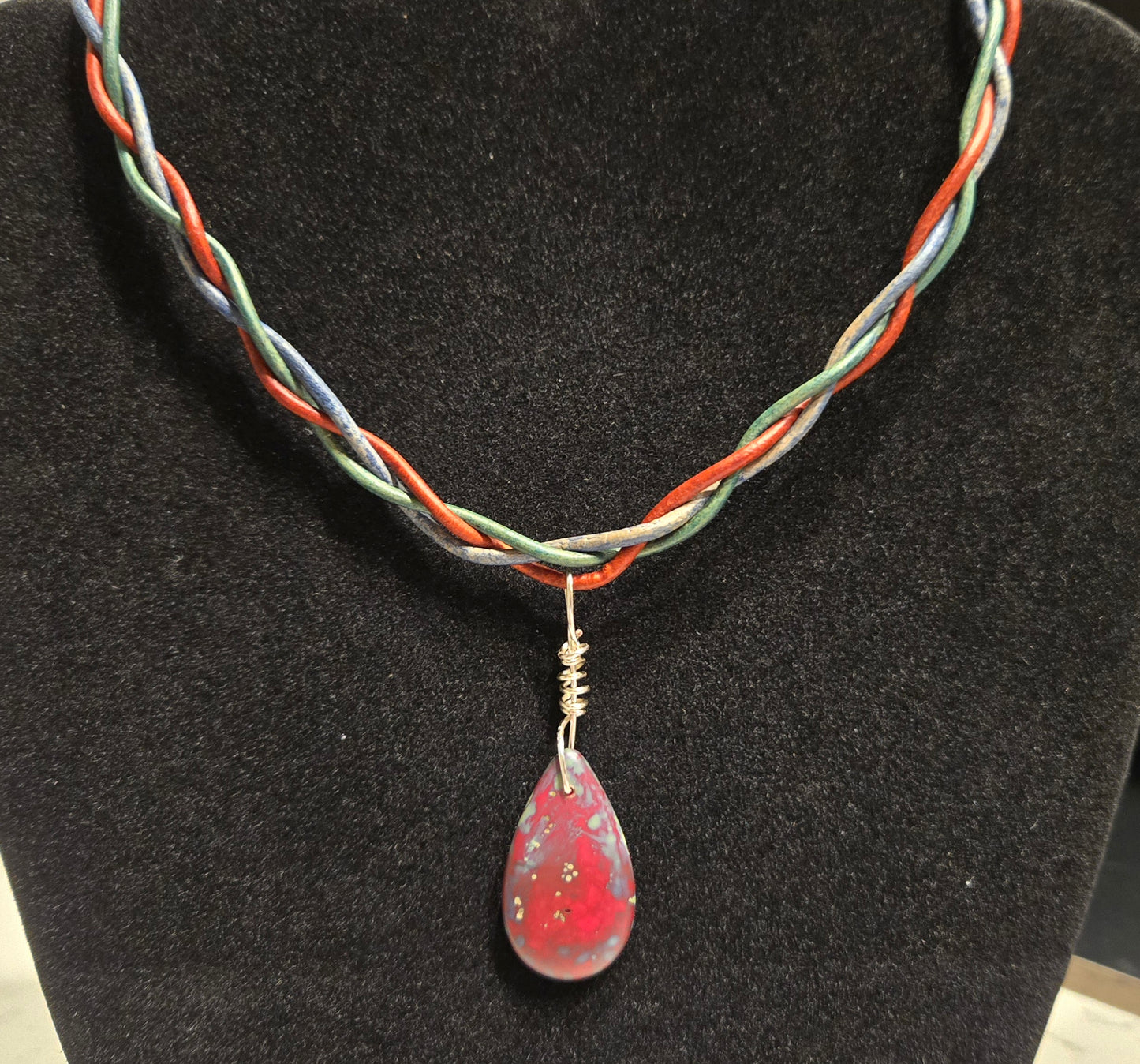 Czech glass Red Picasso teardrop focal leather pendant