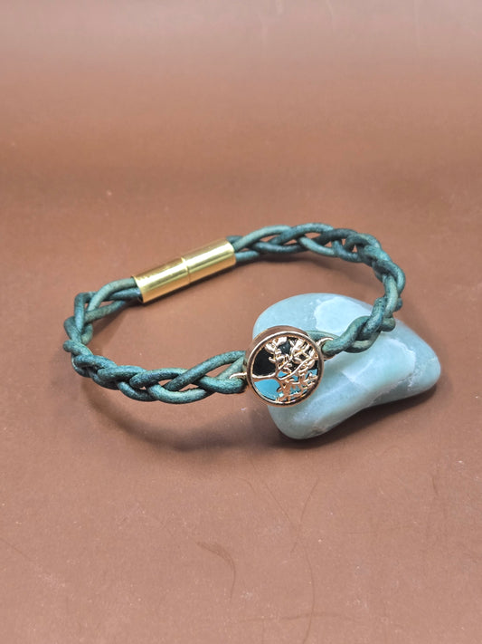 Braided turquoise leather Tree of Life magnetic bracelet
