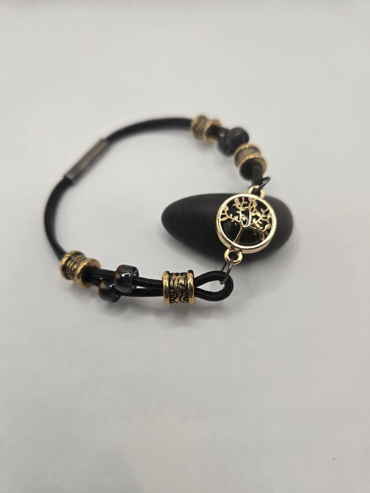 Black leather magnetic bracelet with Tree of Life focal
