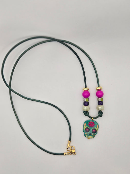 Gold metal colorful skull leather cord necklace