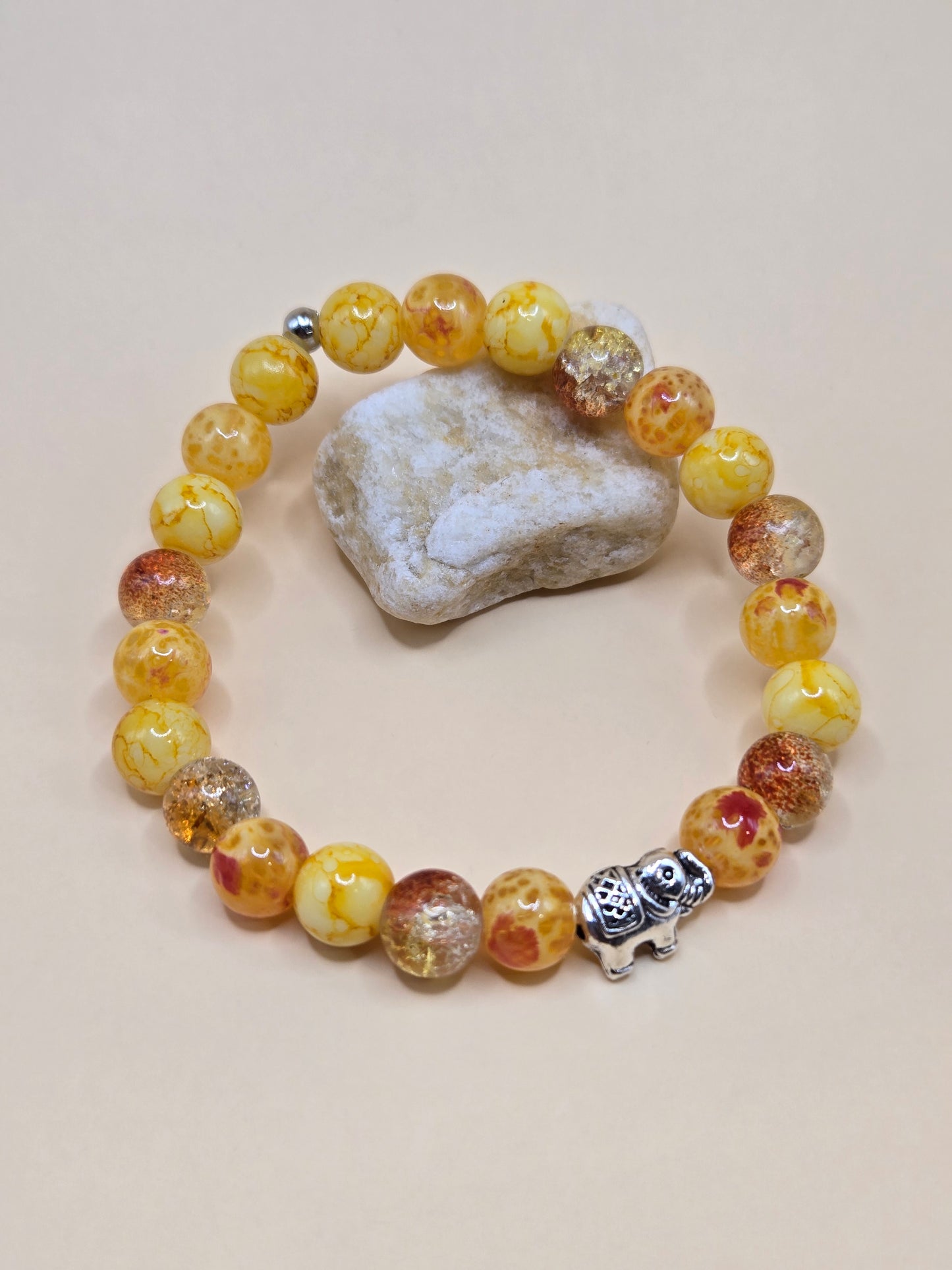 Mixed yellow glass and elephant bead stretchy bracelet