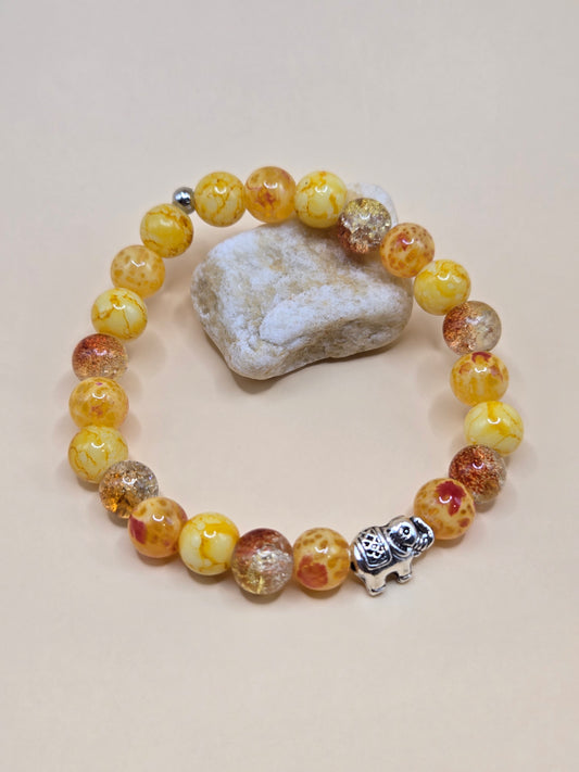 Mixed yellow glass and elephant bead stretchy bracelet