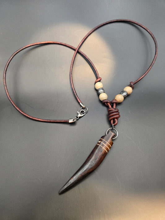 African brown bone carved horn leather pendant